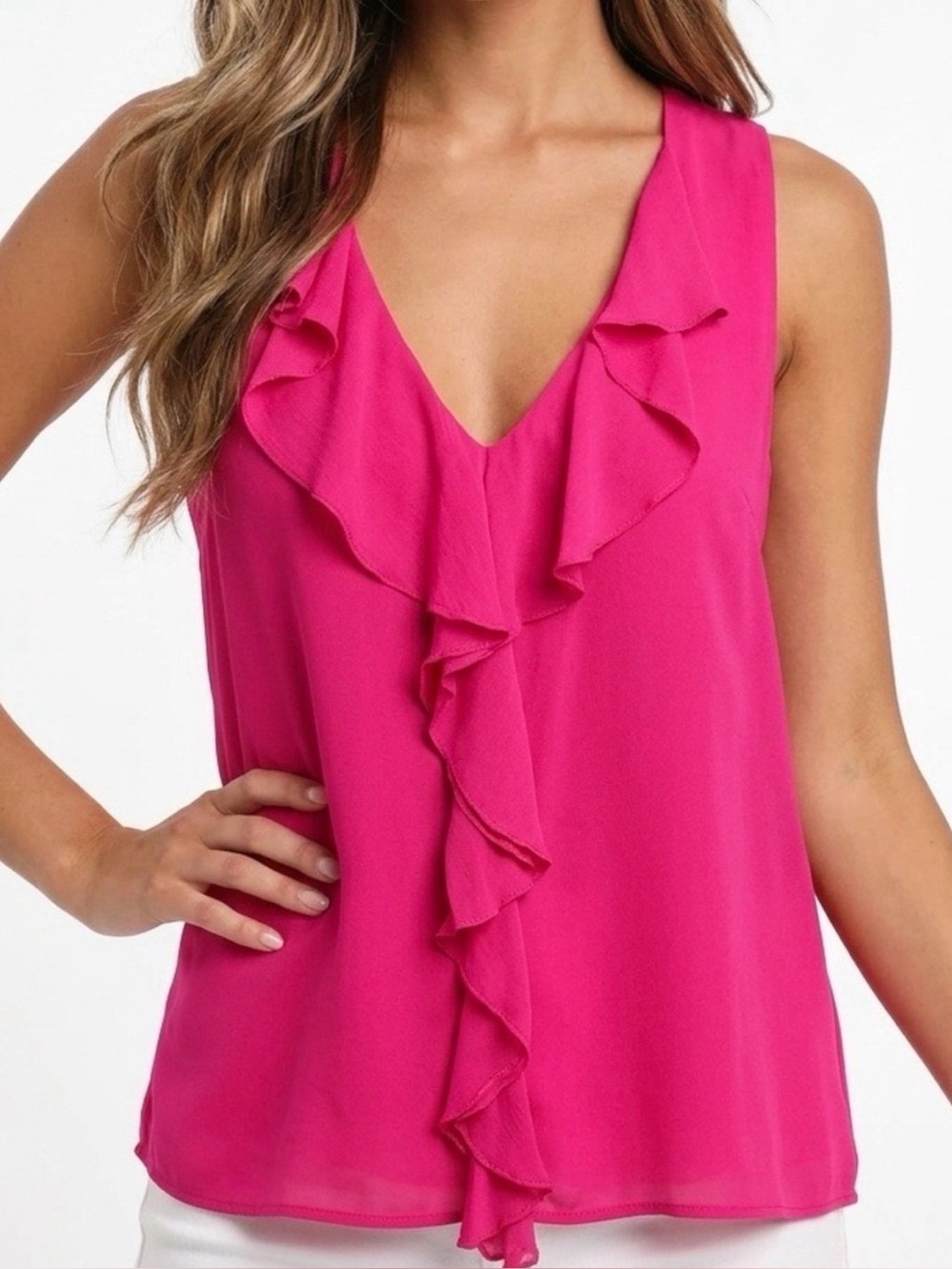Kut From the Kloth Bright Fuchsia Sleeveless Ruffle V-Neck Top